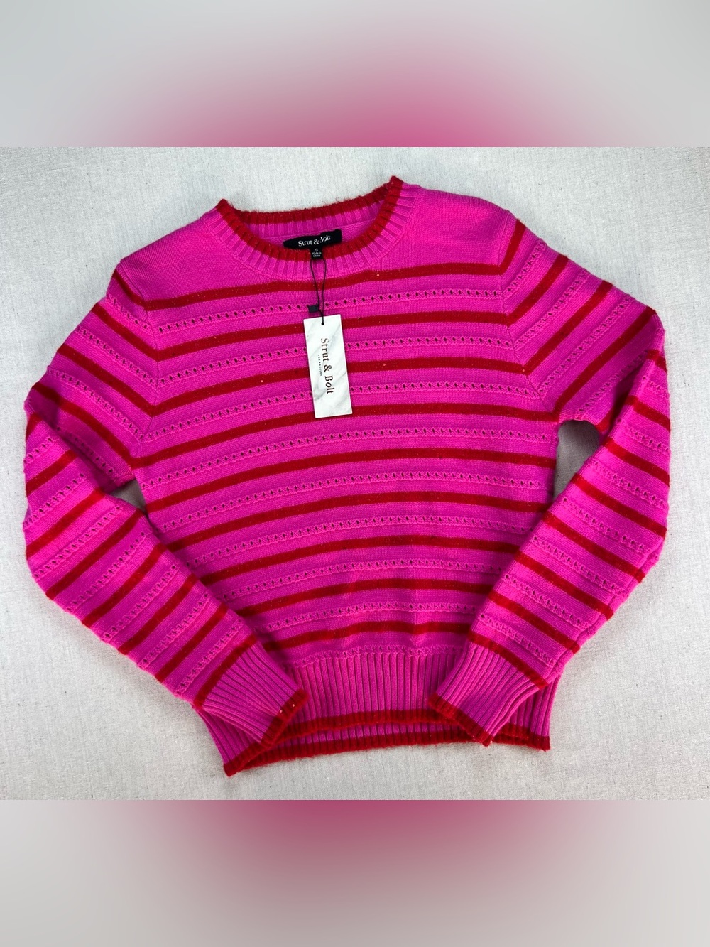Women’s Hot Pink Red Fun Chic Striped Knit Boho Bold Flirty Sweater Size S - NWT
